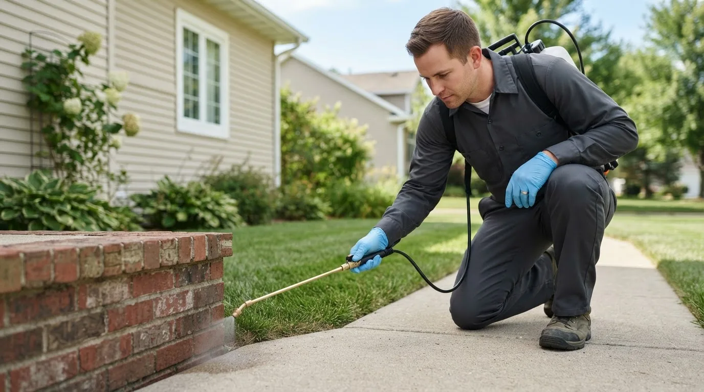 Pest control technician treating a home near Chelsea, OK