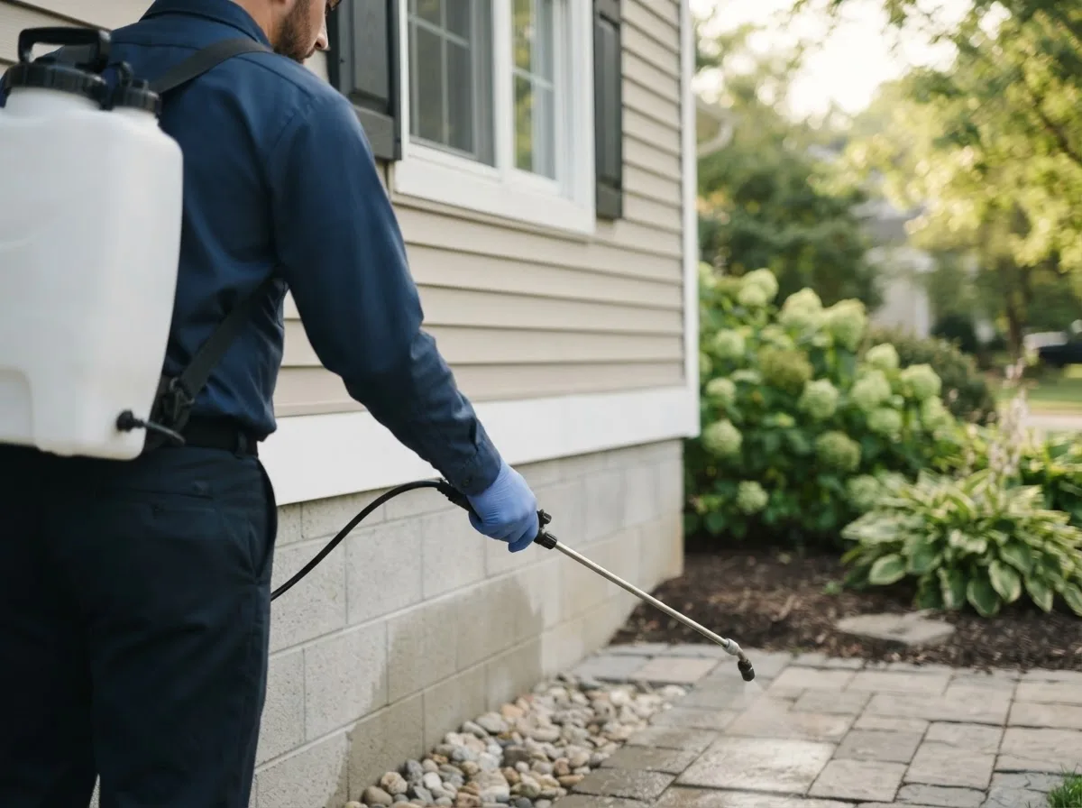 Pest control technician inspecting a home in Chelsea, OK